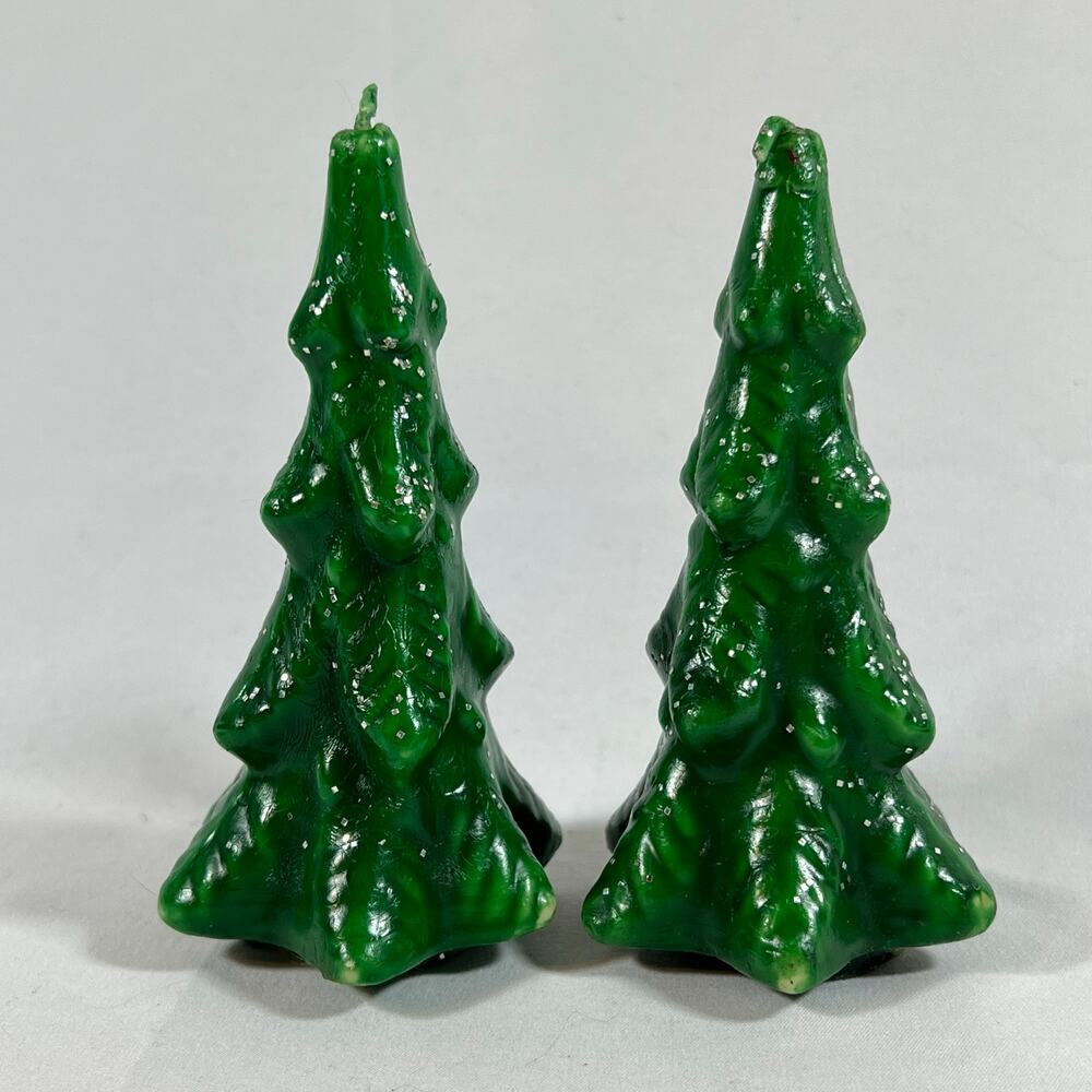 Vintage Lot of 2 Gurley Novelty 5" Green Christmas Tree Candles Glitter MCM Set